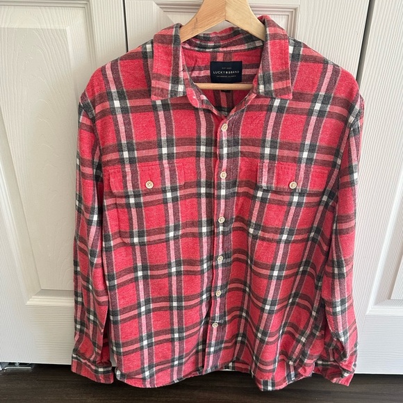 Lucky Brand Shirt Mens Large L Red Flannel Plaid Long Sleeve Button Up Cotton - Picture 3 of 8